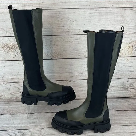 Ganni Knee High Chunky Leather Chelsea Boots Sz 37 (7) Olive Green Black