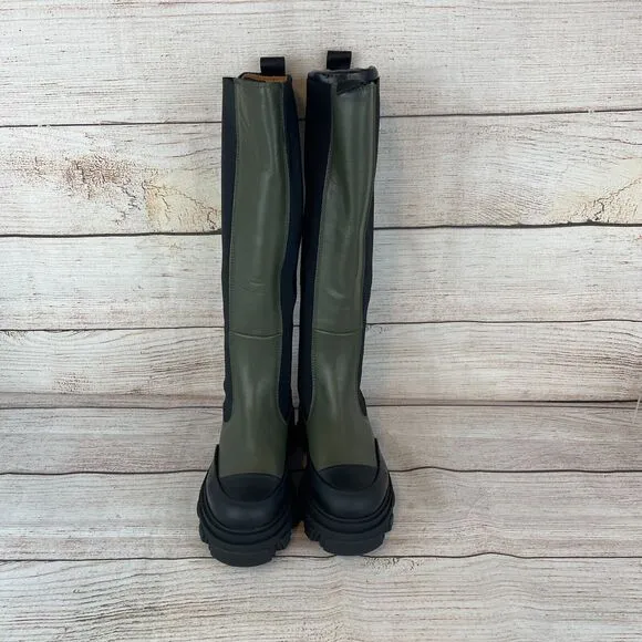 Ganni Knee High Chunky Leather Chelsea Boots Sz 37 (7) Olive Green Black