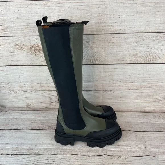Ganni Knee High Chunky Leather Chelsea Boots Sz 37 (7) Olive Green Black