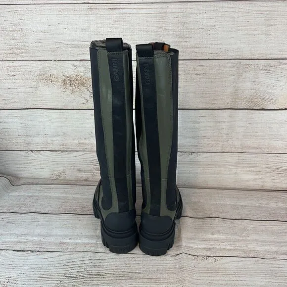 Ganni Knee High Chunky Leather Chelsea Boots Sz 37 (7) Olive Green Black