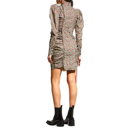 Ganni Ruched Floral-print Organic Cotton-poplin Mini Dress