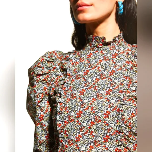 Ganni Ruched Floral-print Organic Cotton-poplin Mini Dress