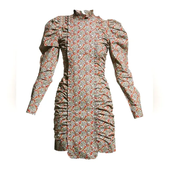 Ganni Ruched Floral-print Organic Cotton-poplin Mini Dress