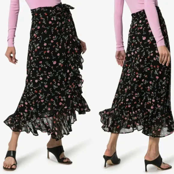 GANNI Ruffled Floral Georgette Wrap Midi Skirt In Black 17887