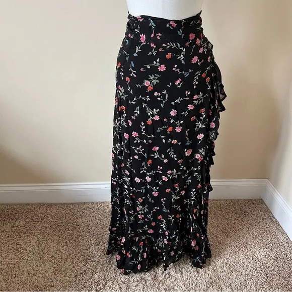 GANNI Ruffled Floral Georgette Wrap Midi Skirt In Black 17887
