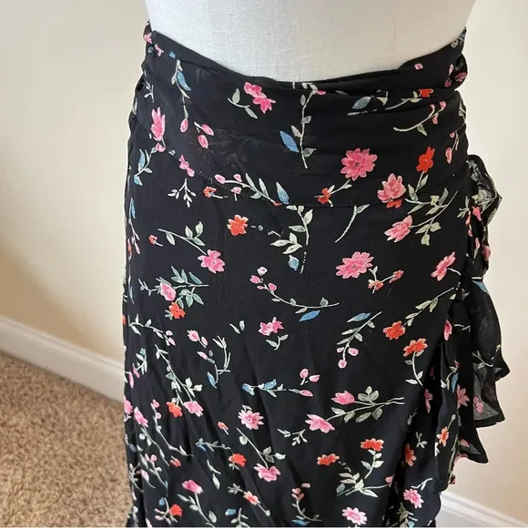 GANNI Ruffled Floral Georgette Wrap Midi Skirt In Black 17887