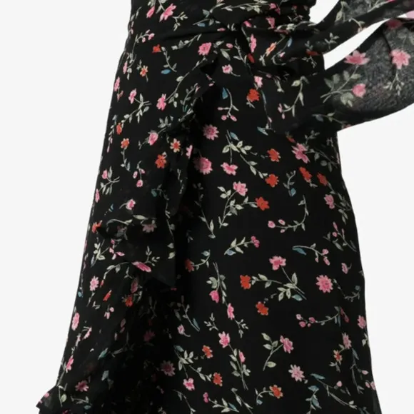 GANNI Ruffled Floral Georgette Wrap Midi Skirt In Black 17887