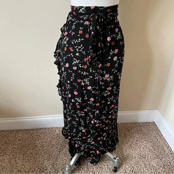 GANNI Ruffled Floral Georgette Wrap Midi Skirt In Black 17887