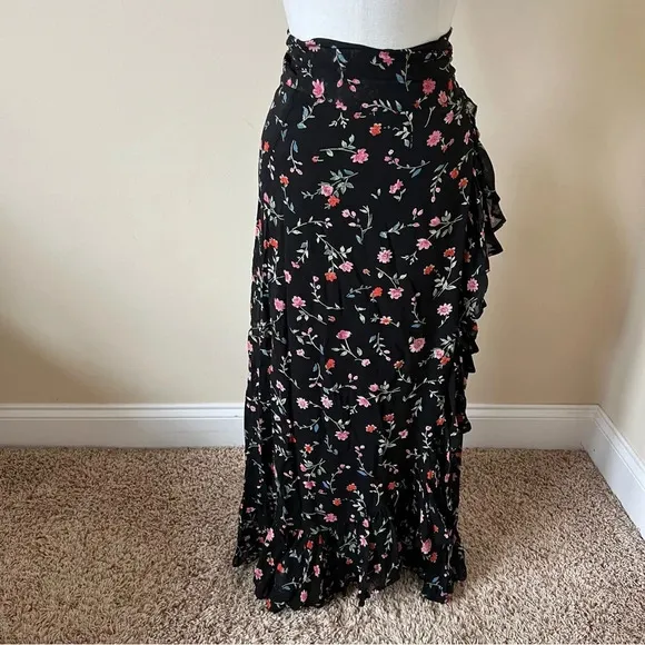 GANNI Ruffled Floral Georgette Wrap Midi Skirt In Black 17887