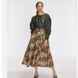 Ganni Skirt Midi Printed Cotton Poplin Button in Tiger Eyes Print