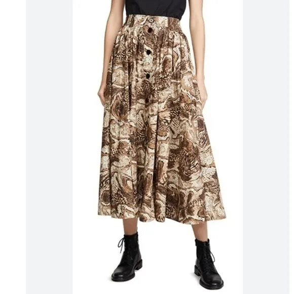 Ganni Skirt Midi Printed Cotton Poplin Button in Tiger Eyes Print