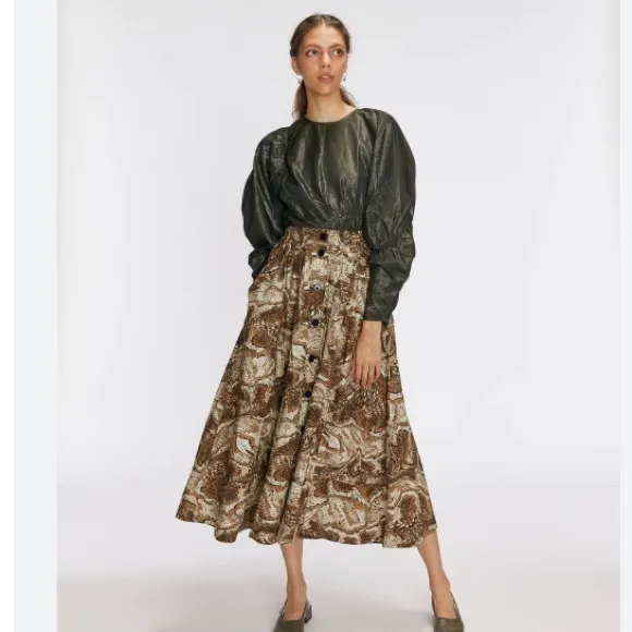 Ganni Skirt Midi Printed Cotton Poplin Button in Tiger Eyes Print