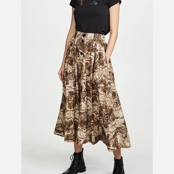 Ganni Skirt Midi Printed Cotton Poplin Button in Tiger Eyes Print