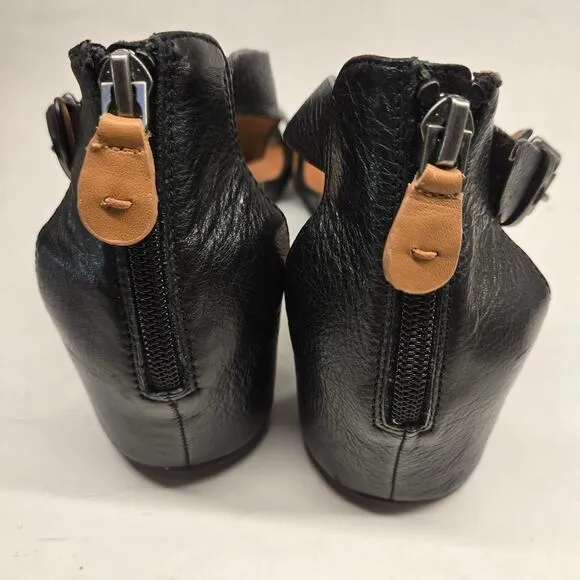 Gentle Souls Gisele Black Leather T-Strap Wedge Sandal Back Zipper, Size 9.5