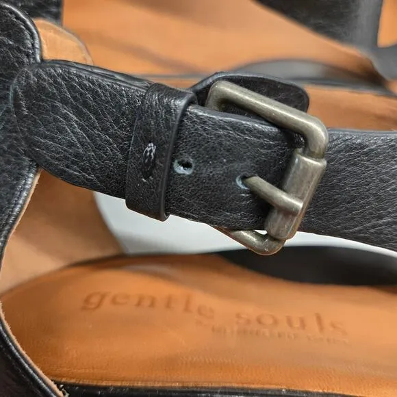 Gentle Souls Gisele Black Leather T-Strap Wedge Sandal Back Zipper, Size 9.5