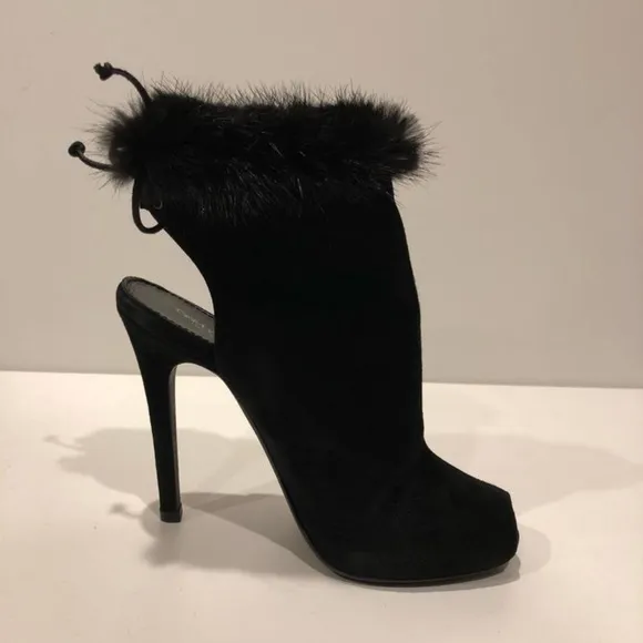Giambattista Valli Real Mink Fur Trim Suede Sandal