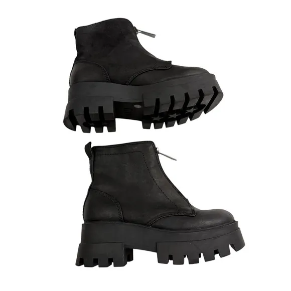Gianni Bini Allstar Leather Center Zip Chunky Lug Sole Platform Ankle Boots 6.5