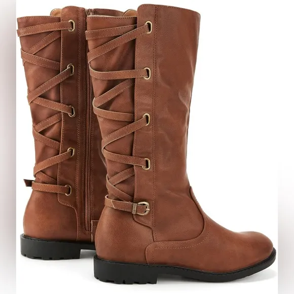 Girls Knee High Lace Up Chunk Side Zip Motorcycle Riding Boots With Buckle