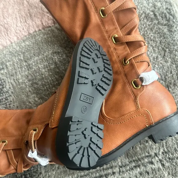 Girls Knee High Lace Up Chunk Side Zip Motorcycle Riding Boots With Buckle