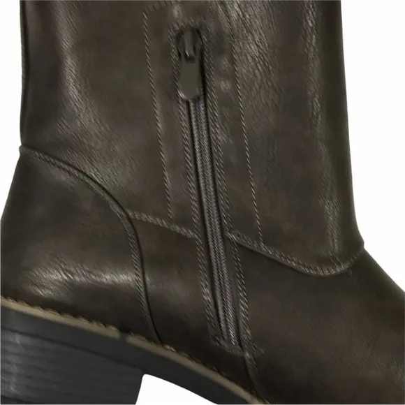 Global Win Vegan Leather Moto Mid-Calf Buckle Side Zip Boots