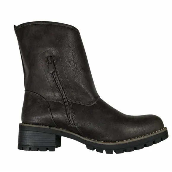 Global Win Vegan Leather Moto Mid-Calf Buckle Side Zip Boots