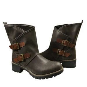 Global Win Vegan Leather Moto Mid-Calf Buckle Side Zip Boots