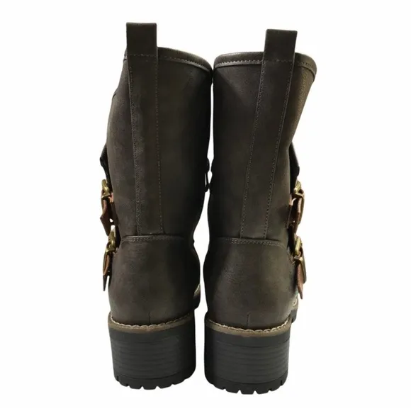 Global Win Vegan Leather Moto Mid-Calf Buckle Side Zip Boots