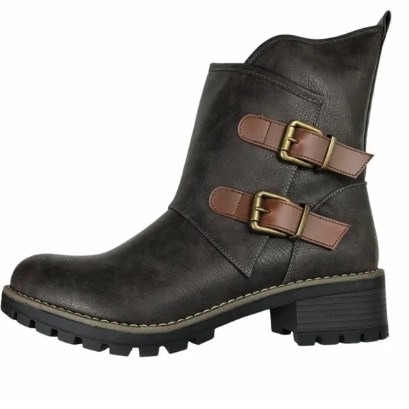 Global Win Vegan Leather Moto Mid-Calf Buckle Side Zip Boots