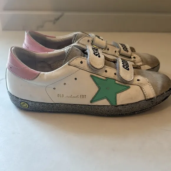 GOLDEN GOOSE Old School Leather Grip-Strap Glitter-Sole Sneakers size 35 us 5