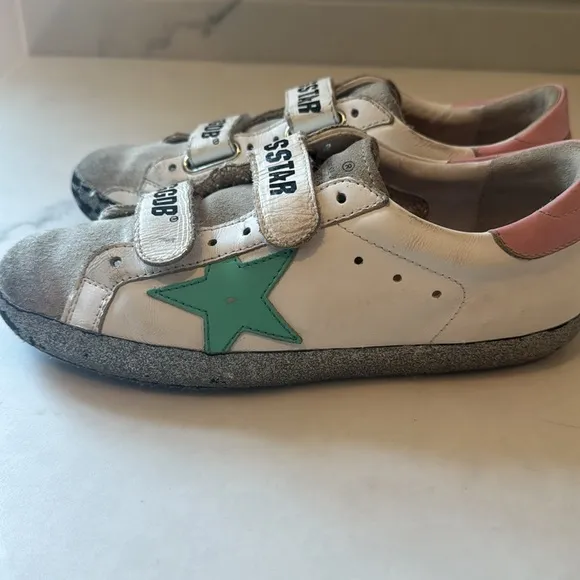 GOLDEN GOOSE Old School Leather Grip-Strap Glitter-Sole Sneakers size 35 us 5