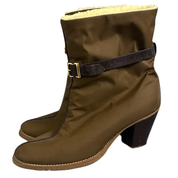 Golo Brown Heeled Boots Chunky Heel Strap Detail Sherpa Lined Rainboot Material
