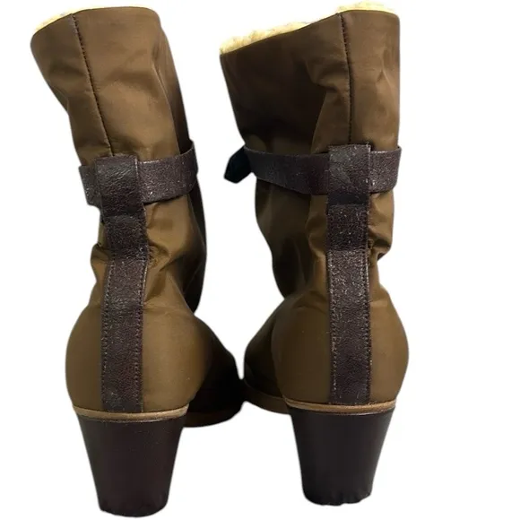 Golo Brown Heeled Boots Chunky Heel Strap Detail Sherpa Lined Rainboot Material