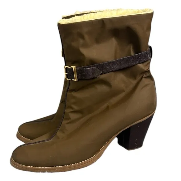 Golo Brown Heeled Boots Chunky Heel Strap Detail Sherpa Lined Rainboot Material