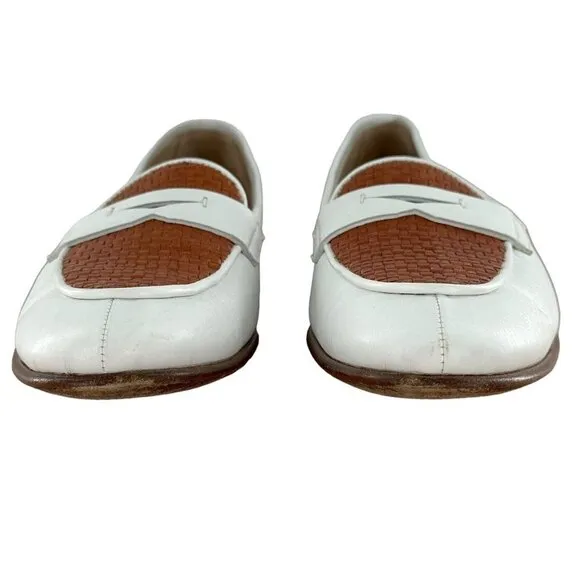 Gravati Two Tone White and Brown Woven Leather Penny Loafers Women's Size 8.5
