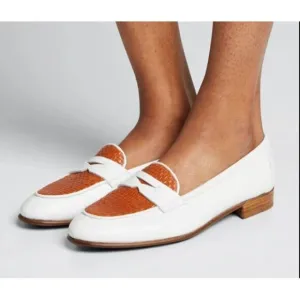 Gravati Two Tone White and Brown Woven Leather Penny Loafers Women's Size 8.5