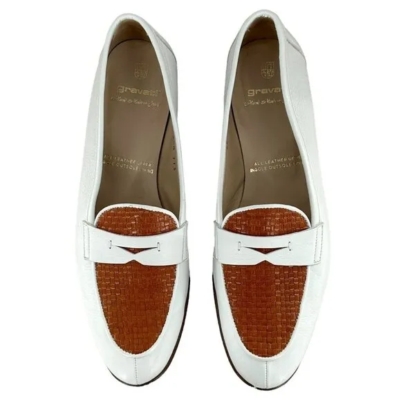 Gravati Two Tone White and Brown Woven Leather Penny Loafers Women's Size 8.5