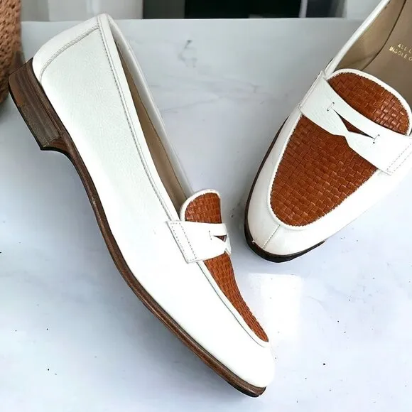Gravati Two Tone White and Brown Woven Leather Penny Loafers Women's Size 8.5