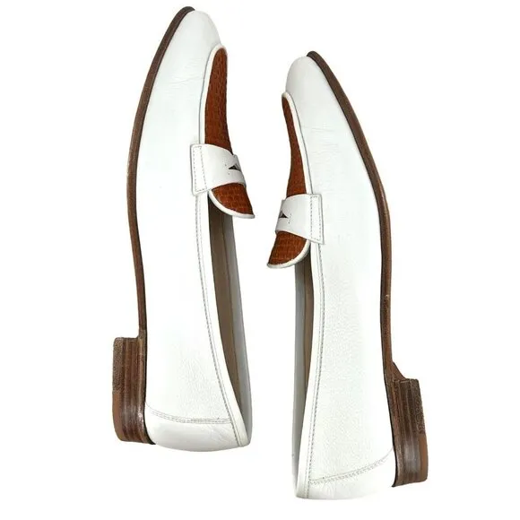 Gravati Two Tone White and Brown Woven Leather Penny Loafers Women's Size 8.5