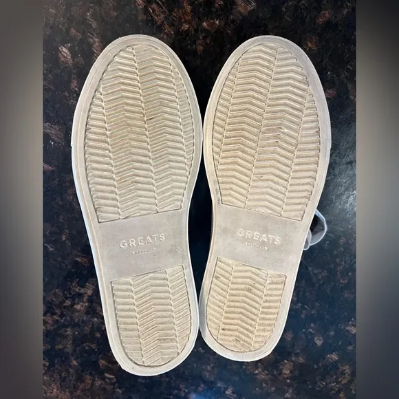 Greats white leather sneakers, lace closure, rubber outsole, low top, 7.5