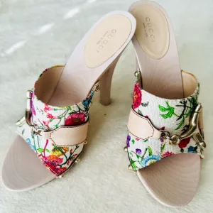 Gucci Floral Print Wooden Heels Sandals
