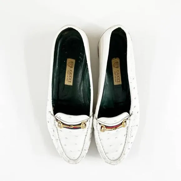 Gucci Vintage Horsebit Ostrich Leather Driving Loafers Flats White 36 / 6