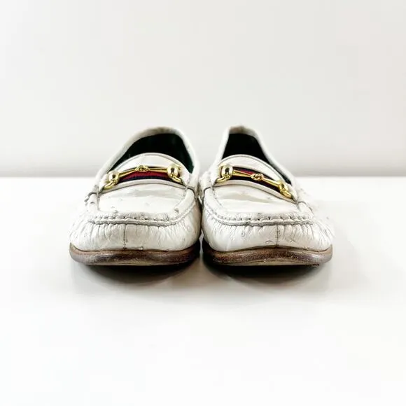 Gucci Vintage Horsebit Ostrich Leather Driving Loafers Flats White 36 / 6