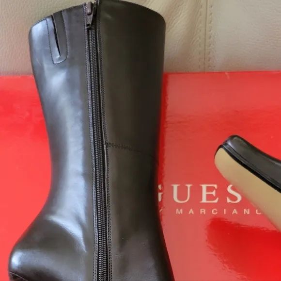 Guess Gamble mid calf Brown Leather High Heel Boots; Size: 8.5.