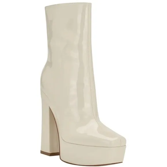 Guess Womens Byra Ivory Patent Square Toe Block Heel Mid-Calf Boots Shoes size 6