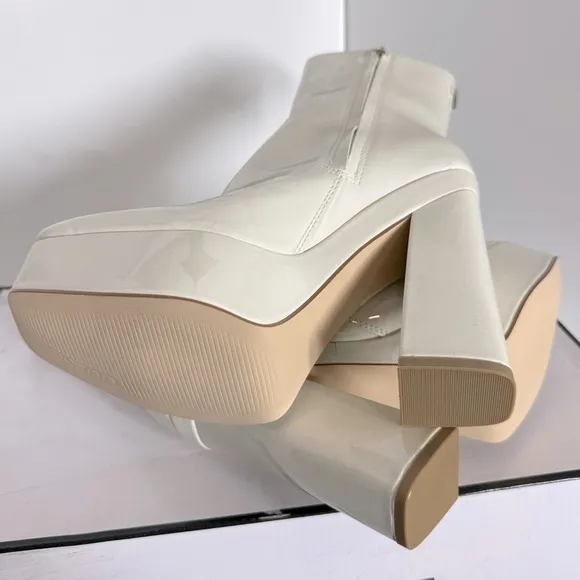 Guess Womens Byra Ivory Patent Square Toe Block Heel Mid-Calf Boots Shoes size 6