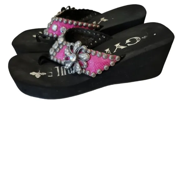 Gypsy Soule Flip Flops Sandals Crystal Clear Swarovski Rhinestones Pink Leather