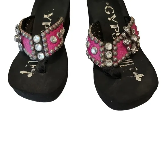 Gypsy Soule Flip Flops Sandals Crystal Clear Swarovski Rhinestones Pink Leather