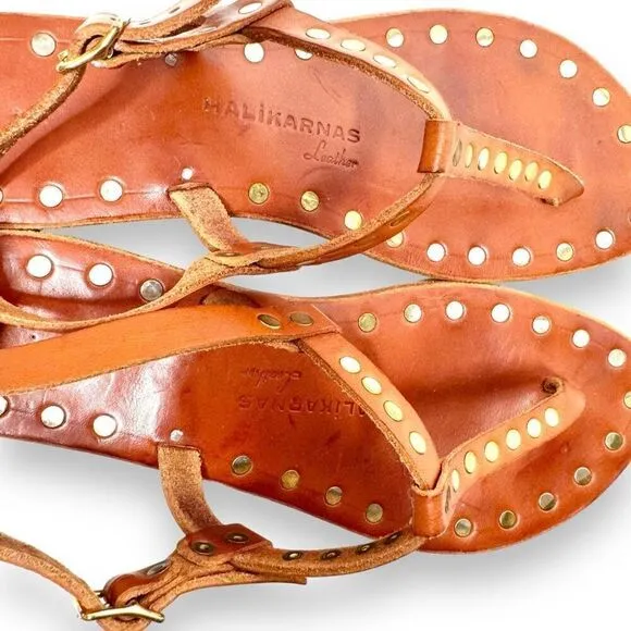 HALİKARNAS Leather Custom Made Chestnut Brown Studded Sandals Women’s Size 11