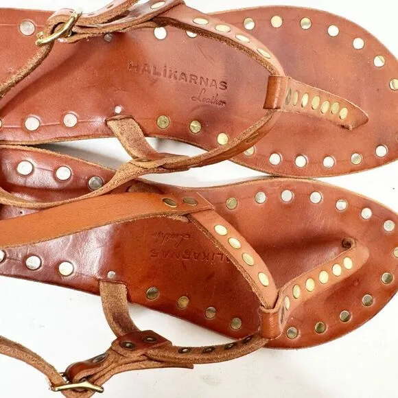 HALİKARNAS Leather Custom Made Chestnut Brown Studded Sandals Women’s Size 11