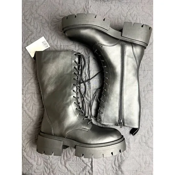 H&amp;M Womens Chunky Lace up Leather Boots Grunge Goth Whimsygoth SZ 9: NWT/No Box